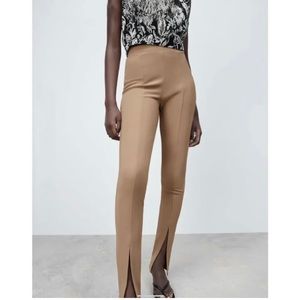 ZARA Ottoman Leggings Pants - Front Split - Tan Camel/Brown